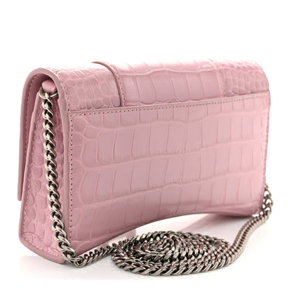 Balenciaga Shiny Calfskin Crocodile Embossed Hourglass Chain Bag Powder Pink 3 of 9