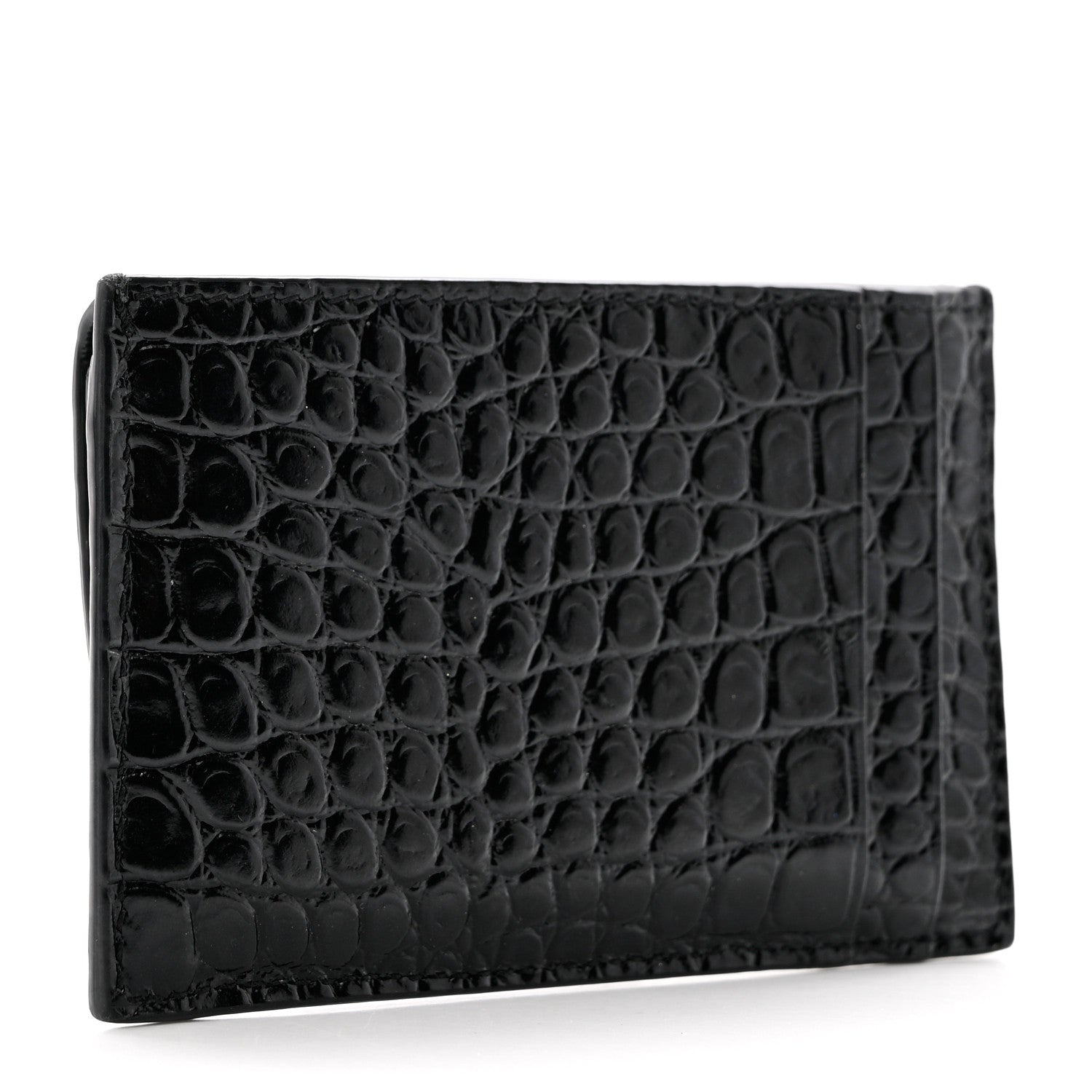 Saint Laurent Calfskin Crocodile Embossed Uptown Monogram Card Case Black 3 of 7