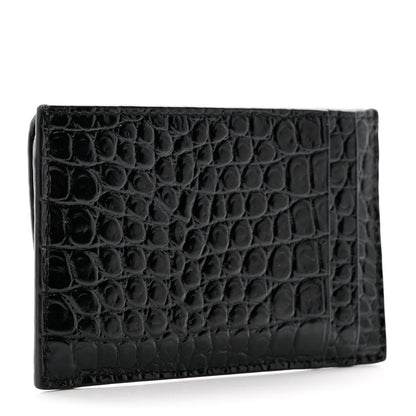 Saint Laurent Calfskin Crocodile Embossed Uptown Monogram Card Case Black 3 of 7