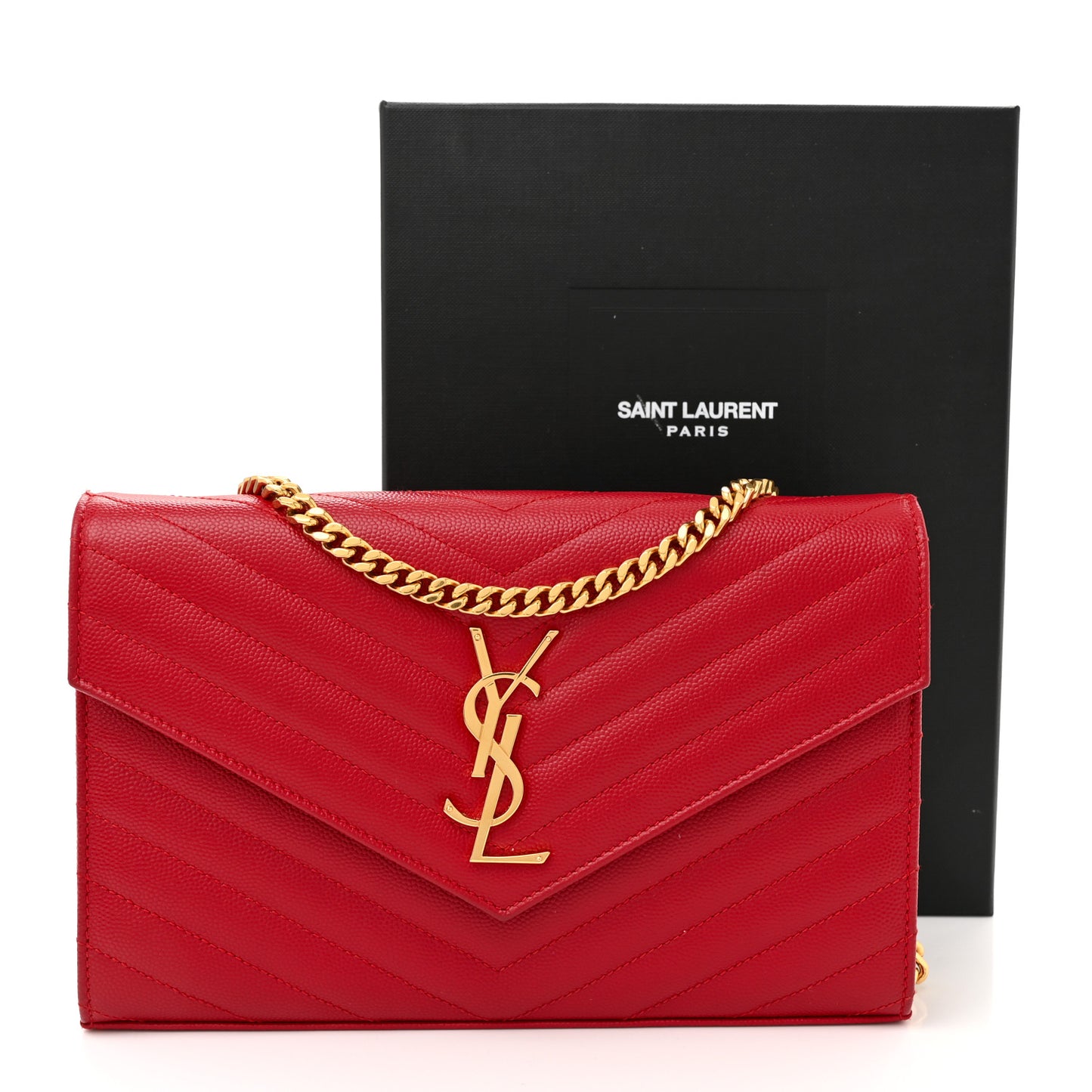 Grain De Poudre Matelasse Chevron Monogram Chain Wallet Red