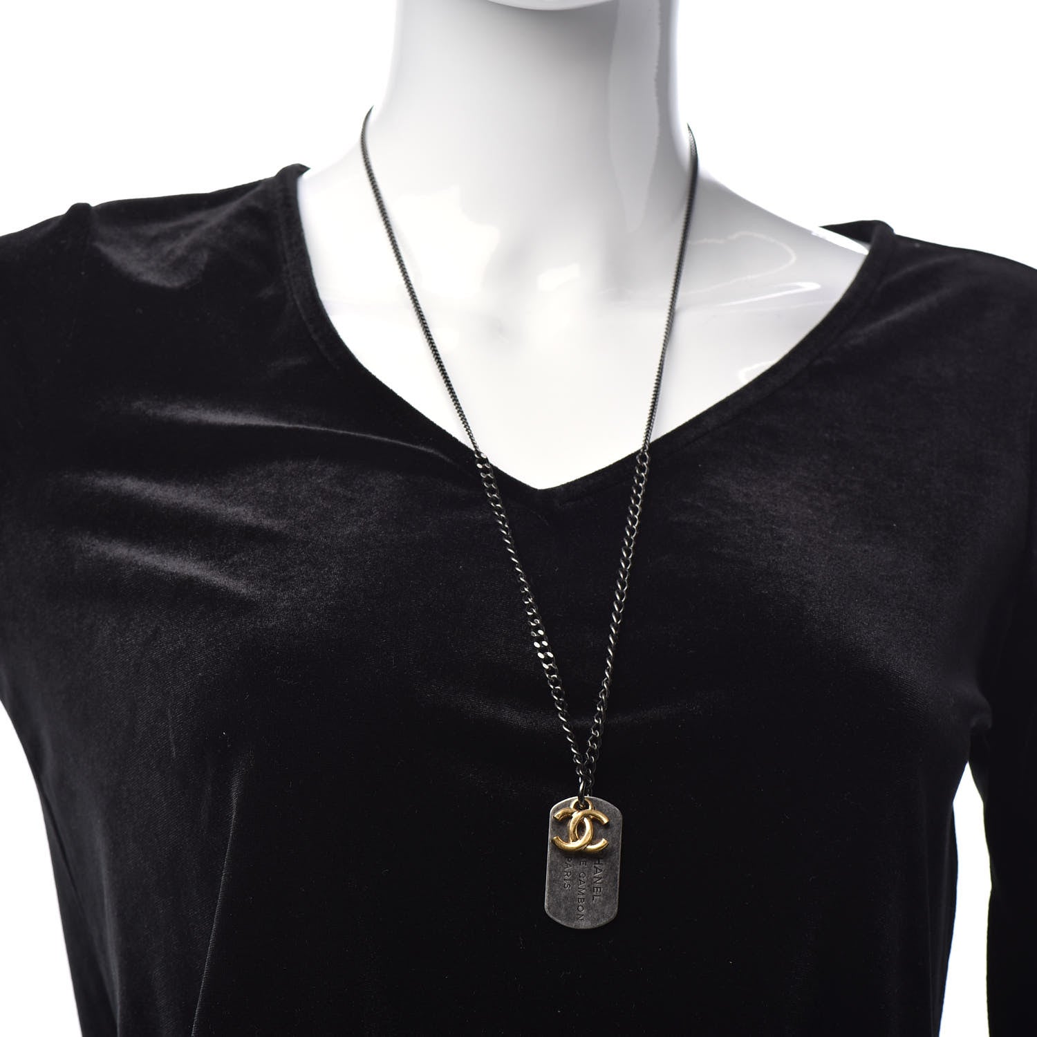 Chanel Ruthenium ID Dog Tag Charm Necklace Silver Gold 2 of 6
