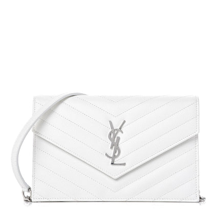 Saint Laurent Grain De Poudre Matelasse Chevron Monogram Envelope Chain Wallet Optical White 1 of 10