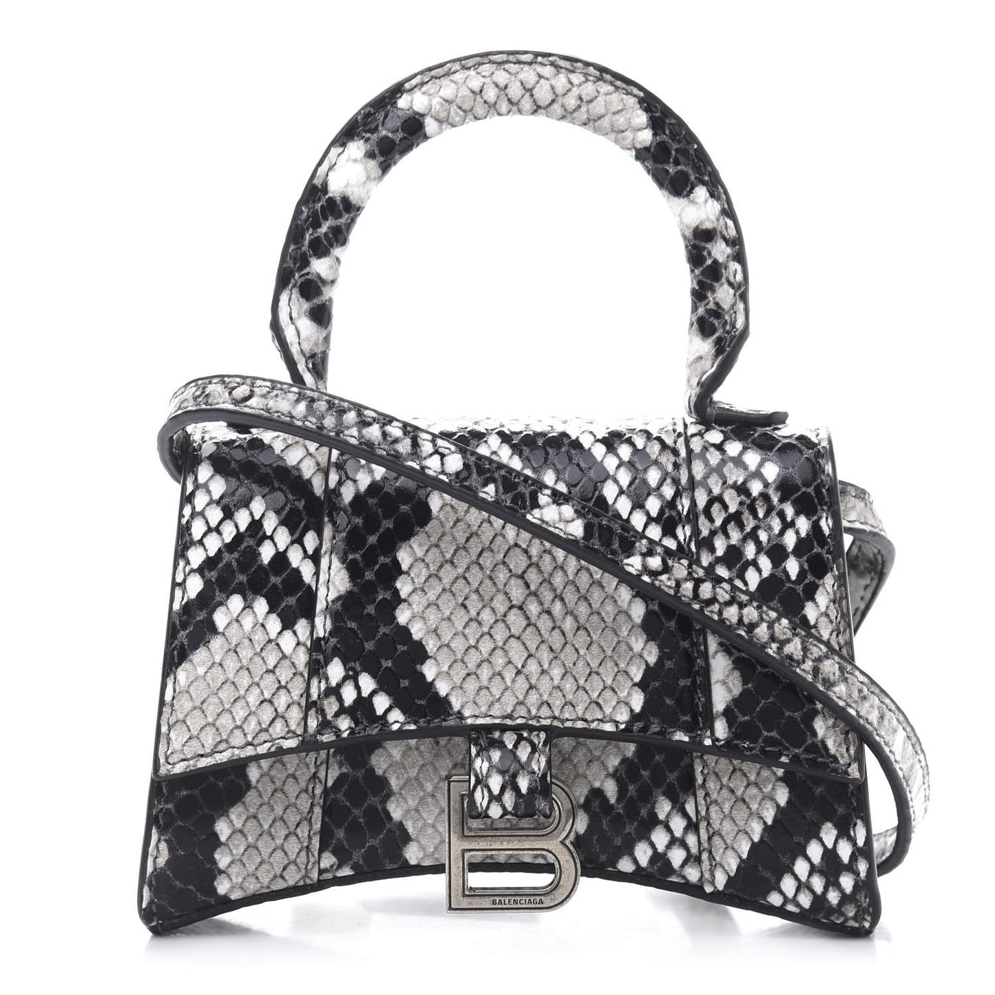 Shiny Calfskin Python Effect Hourglass Top Handle Bag Mini Black White