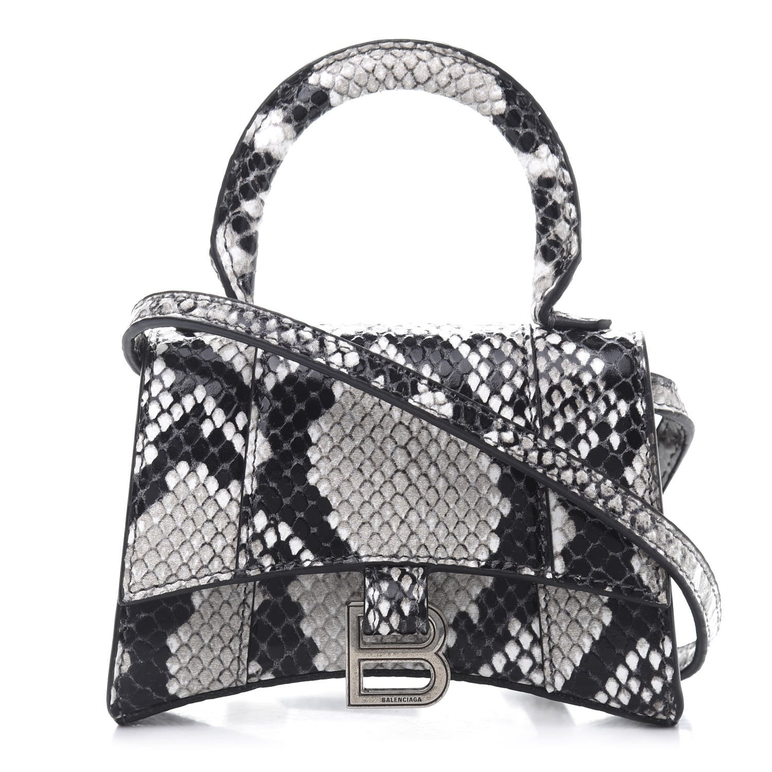 Balenciaga Shiny Calfskin Python Effect Hourglass Top Handle Bag Mini Black White 1 of 10