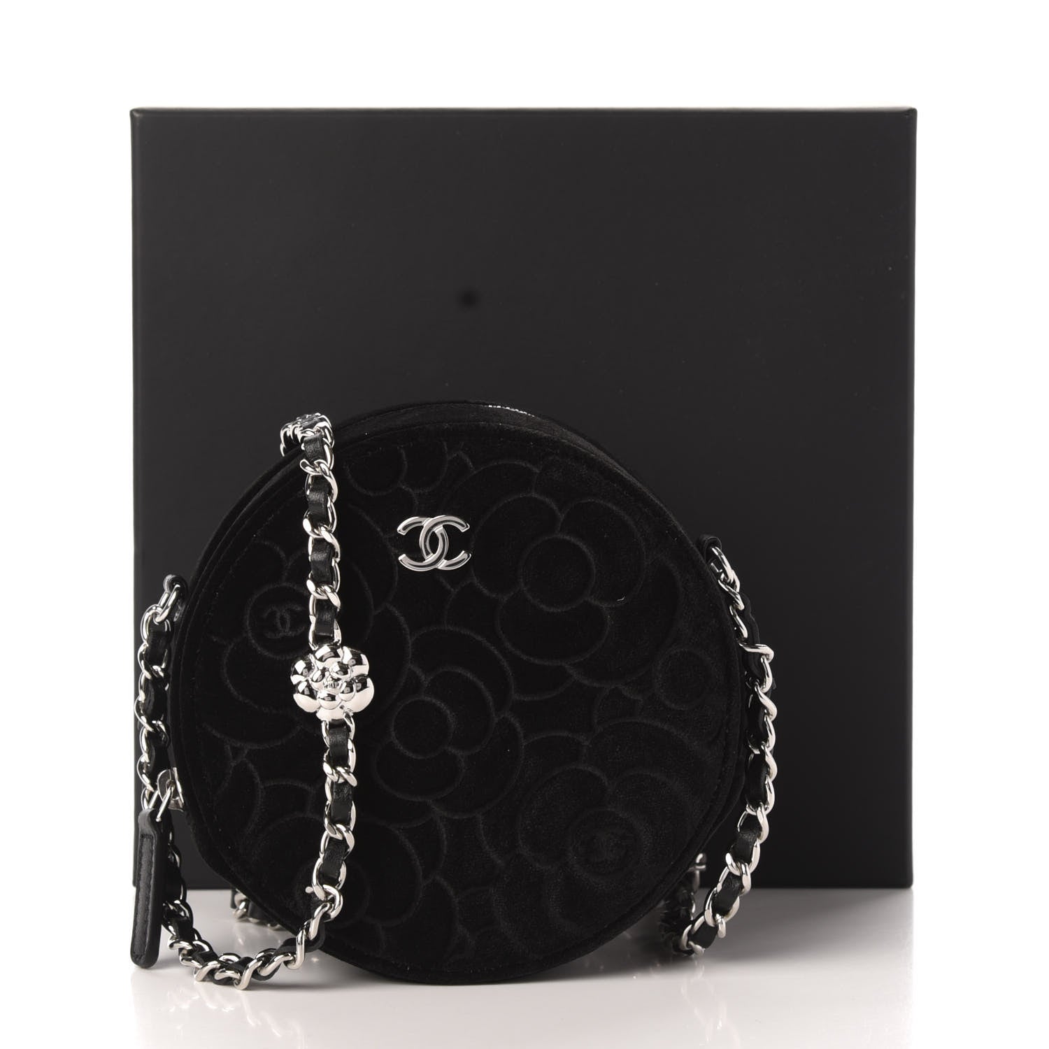 Chanel Suede Camellia Quilted Round Clutch With Chain Black 11 of 11