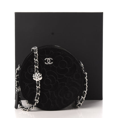Chanel Suede Camellia Quilted Round Clutch With Chain Black 11 of 11
