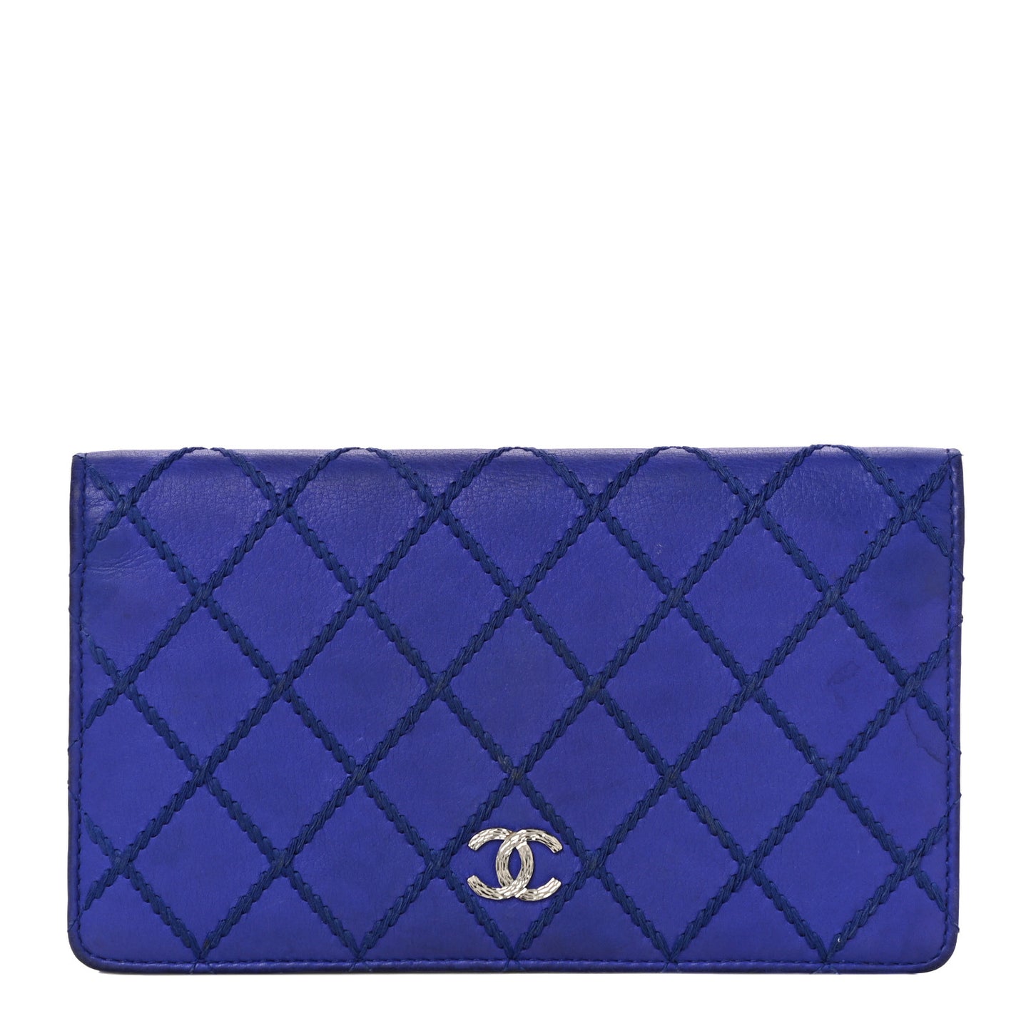 Calfskin Stitched Fancy CC Yen Wallet Blue