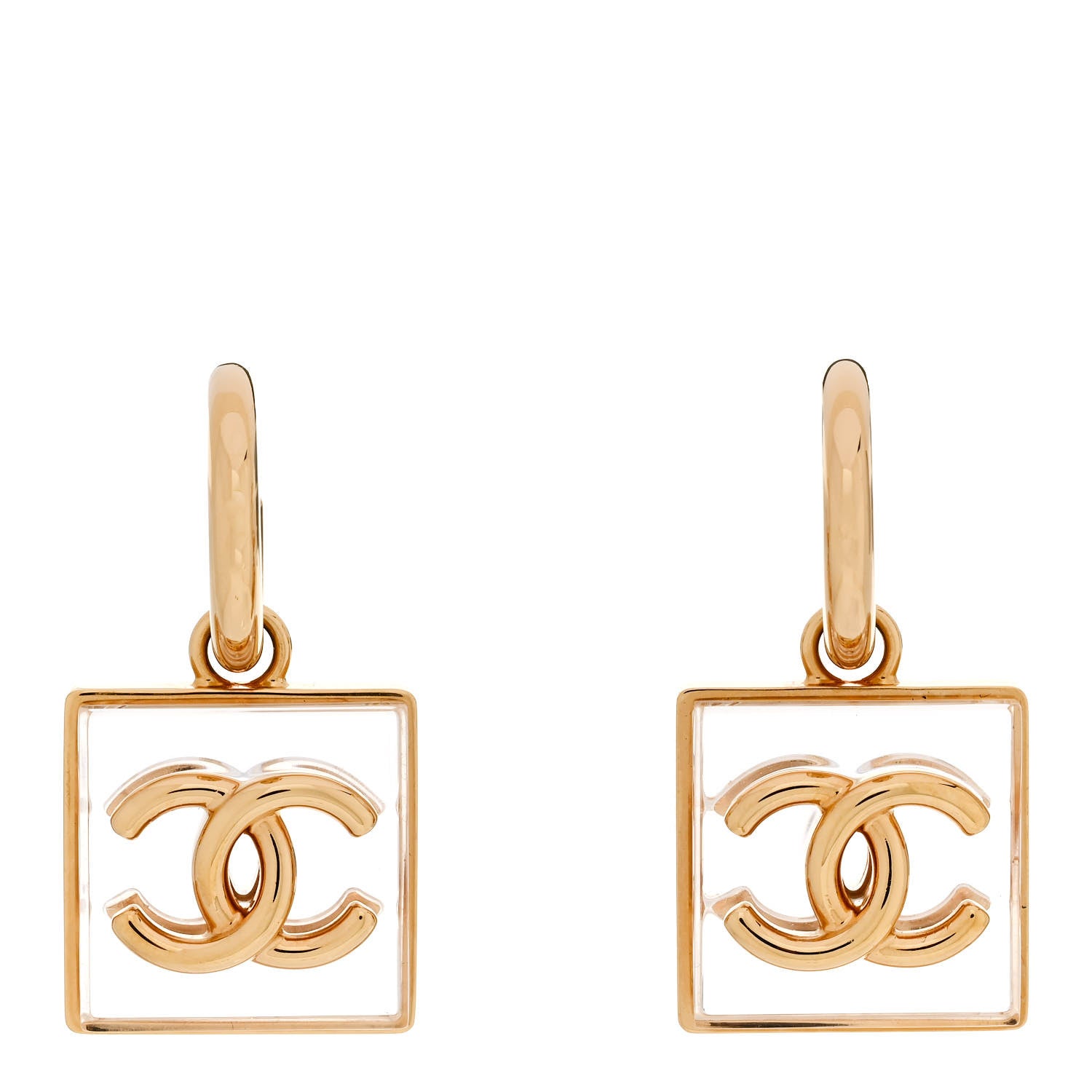 Chanel Metal Resin CC Square Drop Earrings Gold Transparent 1 of 5