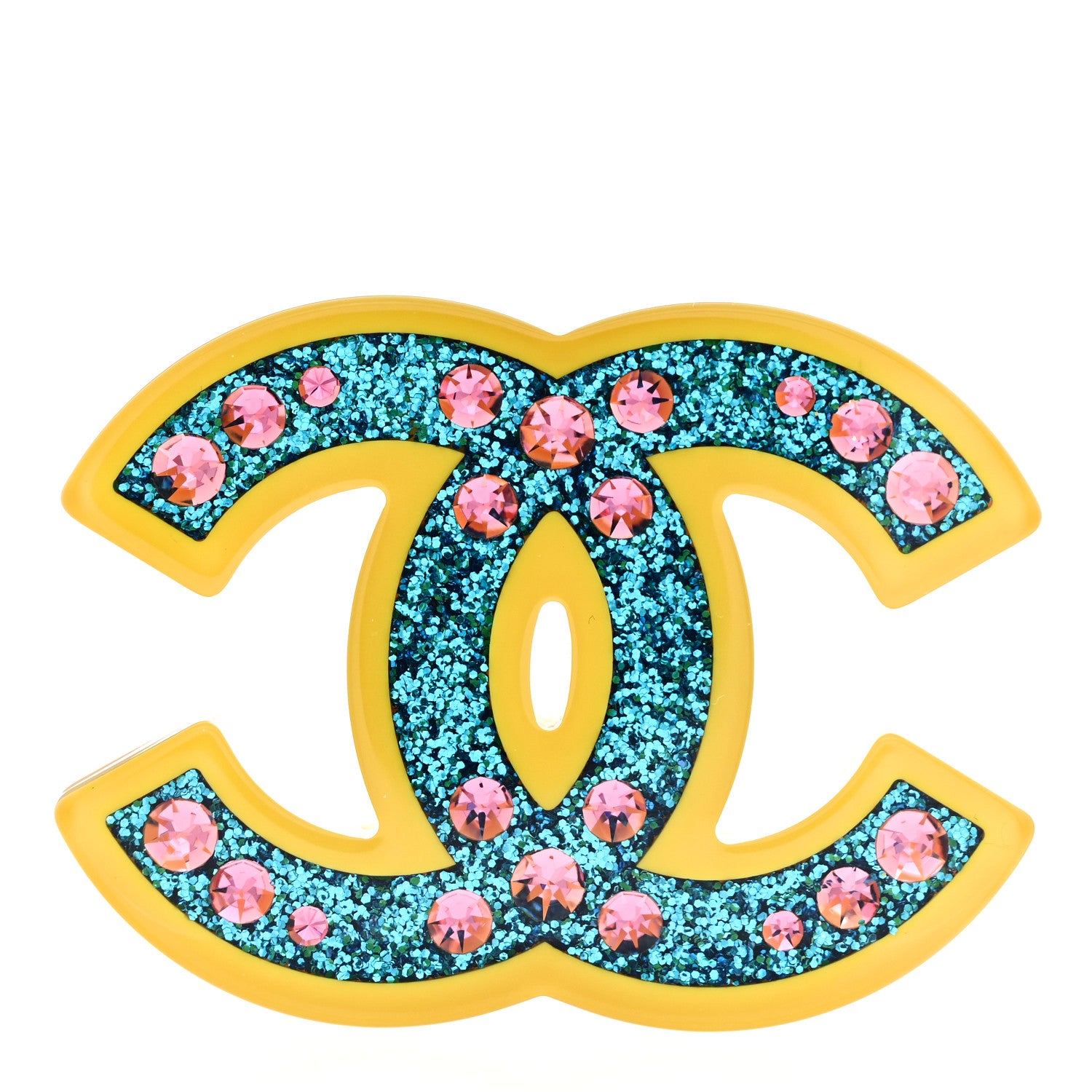 Chanel Resin Glitter Crystal CC Brooch Yellow Blue 1 of 5