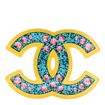 Chanel Resin Glitter Crystal CC Brooch Yellow Blue 1 of 5
