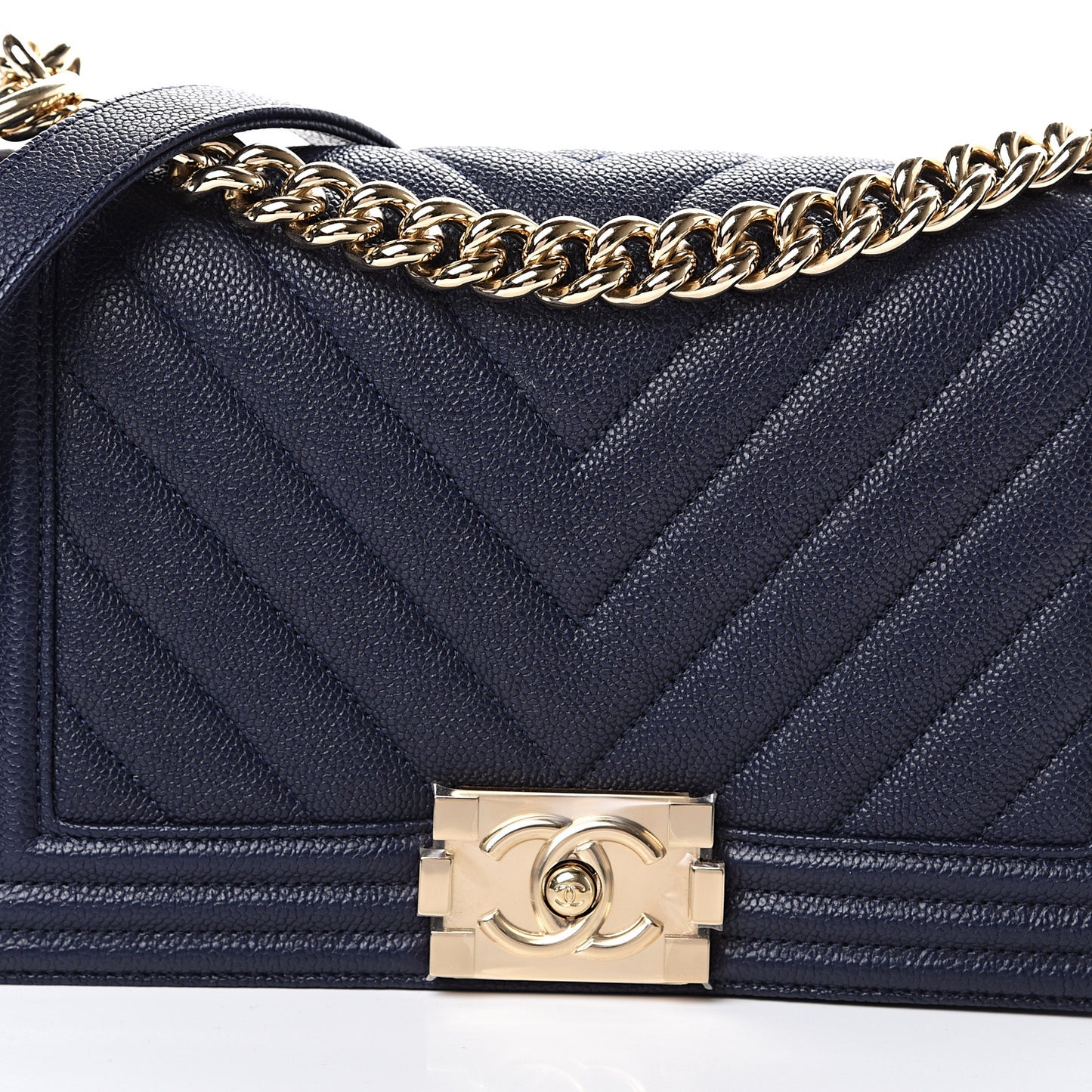 Caviar Chevron Quilted Medium Boy Flap Navy