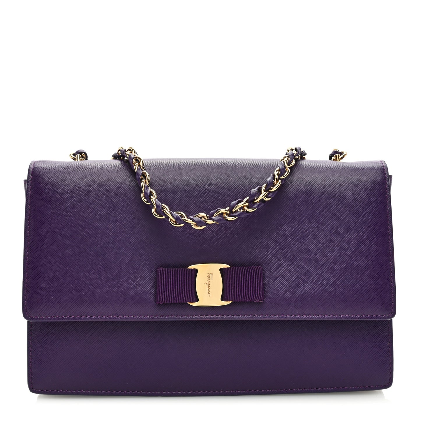 Printed Calfskin Vara Bow Chain Flap Crossbody Purple