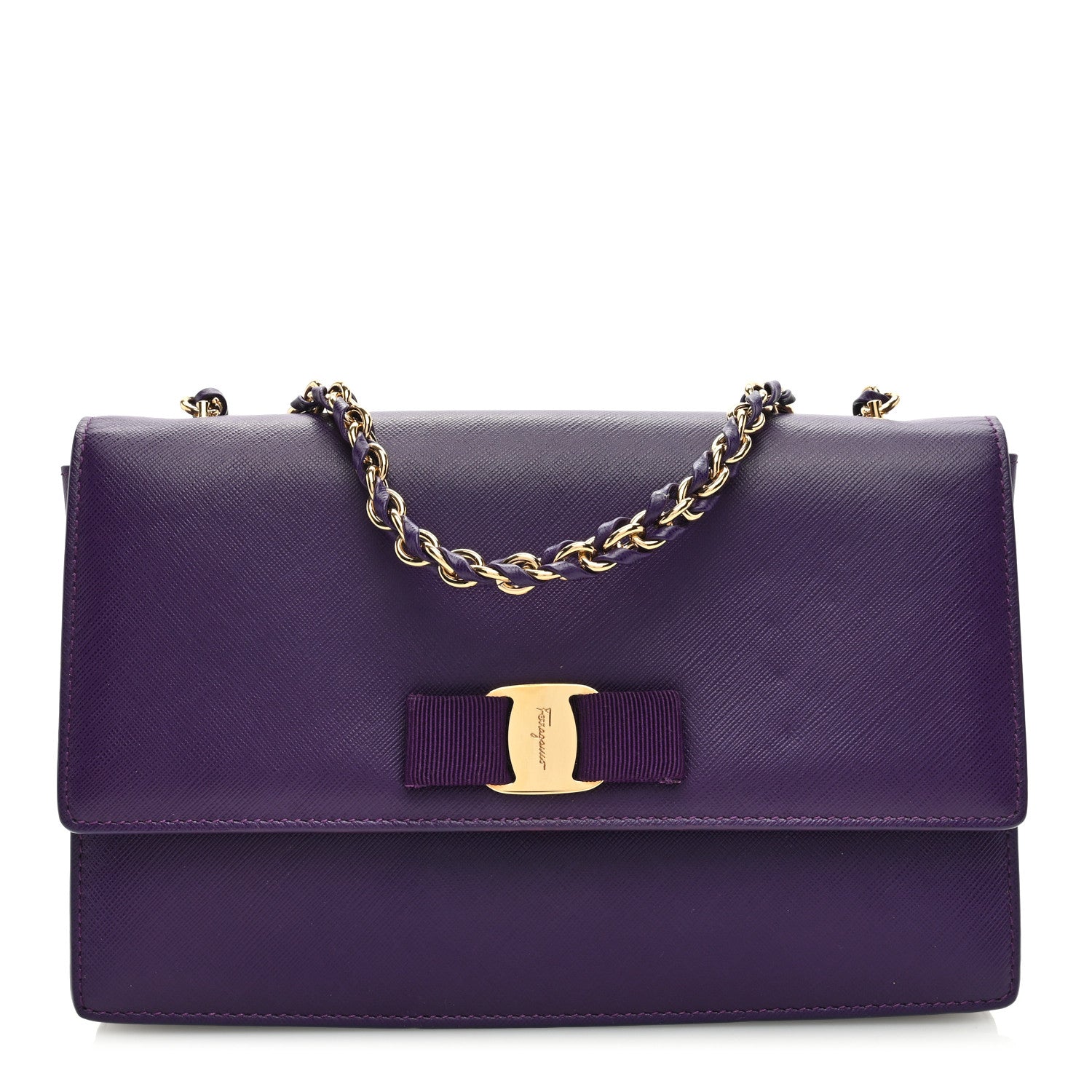 Salvatore Ferragamo Printed Calfskin Vara Bow Chain Flap Crossbody Purple 1 of 9