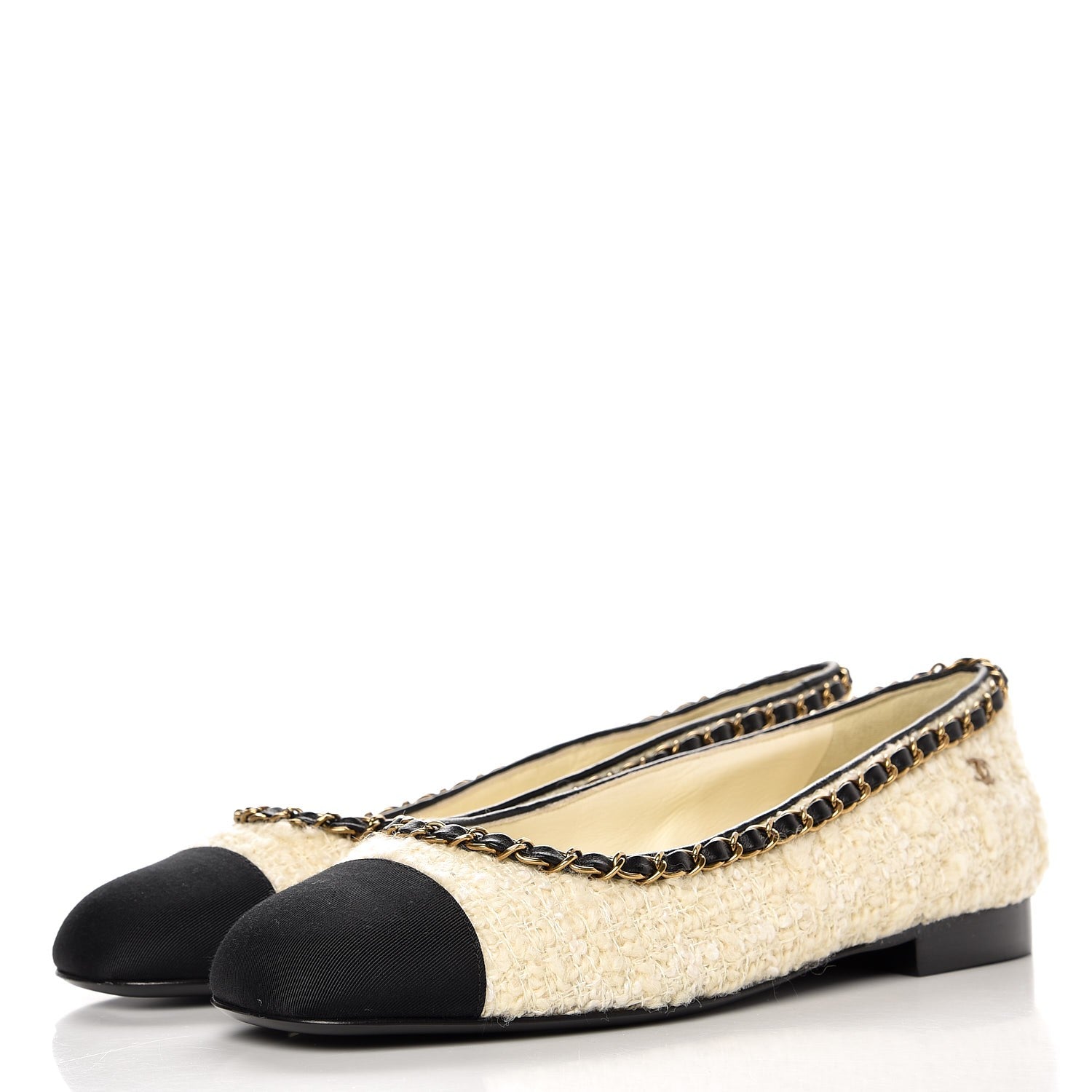 Chanel Tweed Grosgrain Chained Cap Toe Ballerina Flats 37 Ivory Black 3 of 9