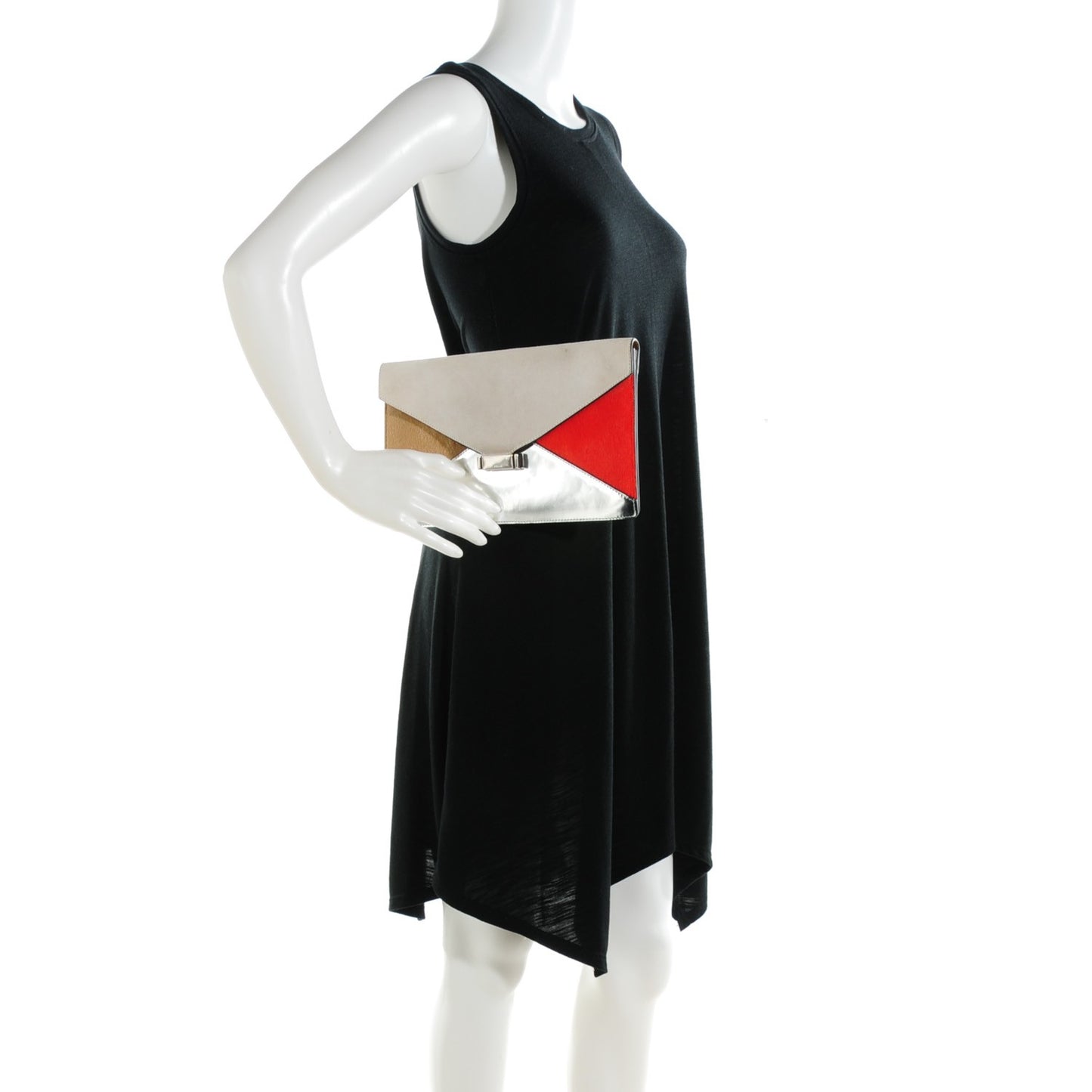 Pony Hair Calfskin Suede Tri-Color Diamond Clutch Red Silver