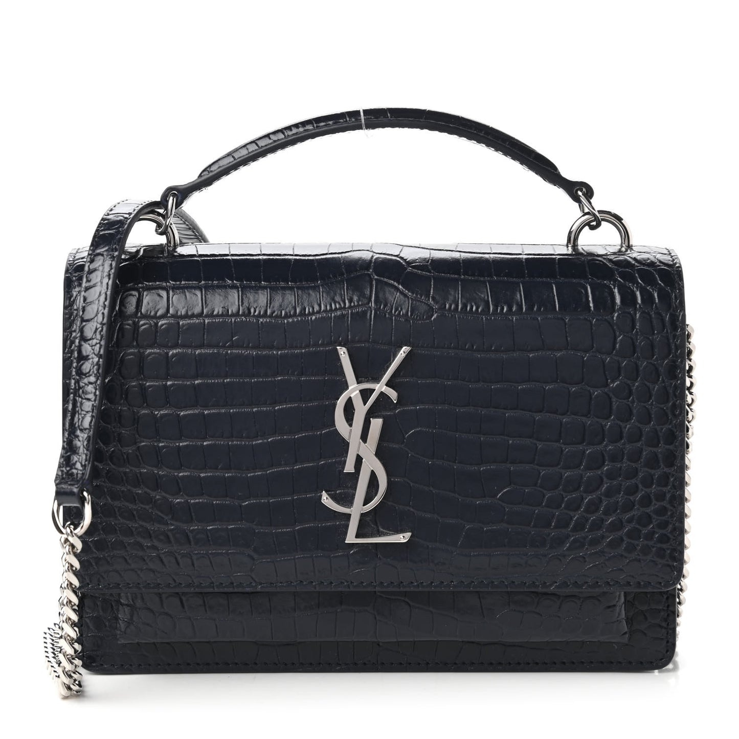 Calfskin Crocodile Embossed Monogram Sunset Chain Wallet Navy