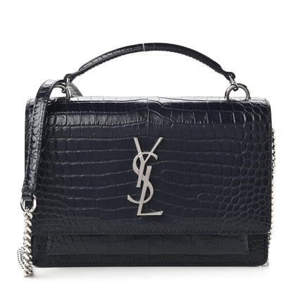 Saint Laurent Calfskin Crocodile Embossed Monogram Sunset Chain Wallet Navy 1 of 10