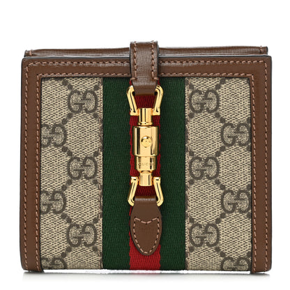 Gucci GG Supreme Monogram Textured Calfskin Web Jackie 1961 French Flap Wallet Beige Ebony Brown Sugar 1 of 9