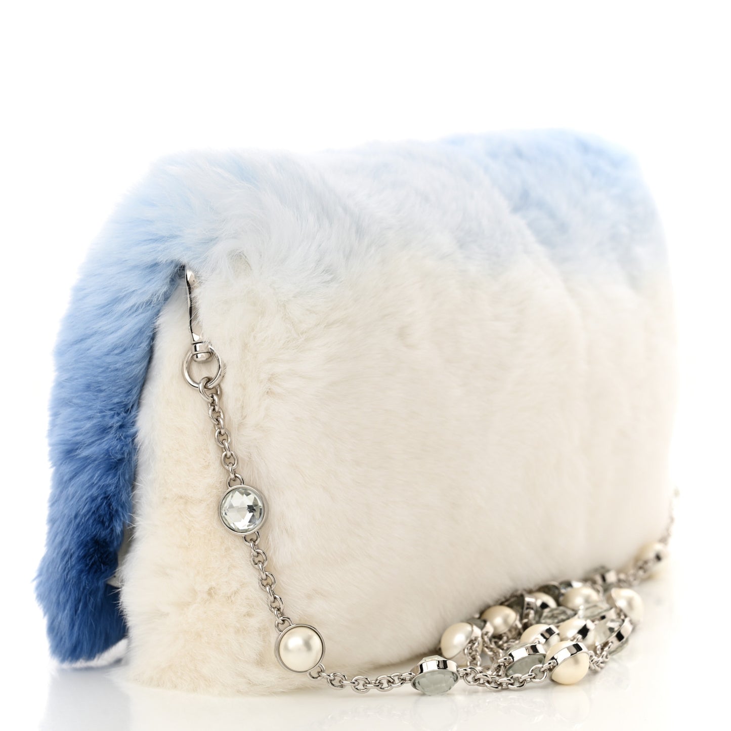 Rabbit Fur Crystal Flap Clutch Azzuro White