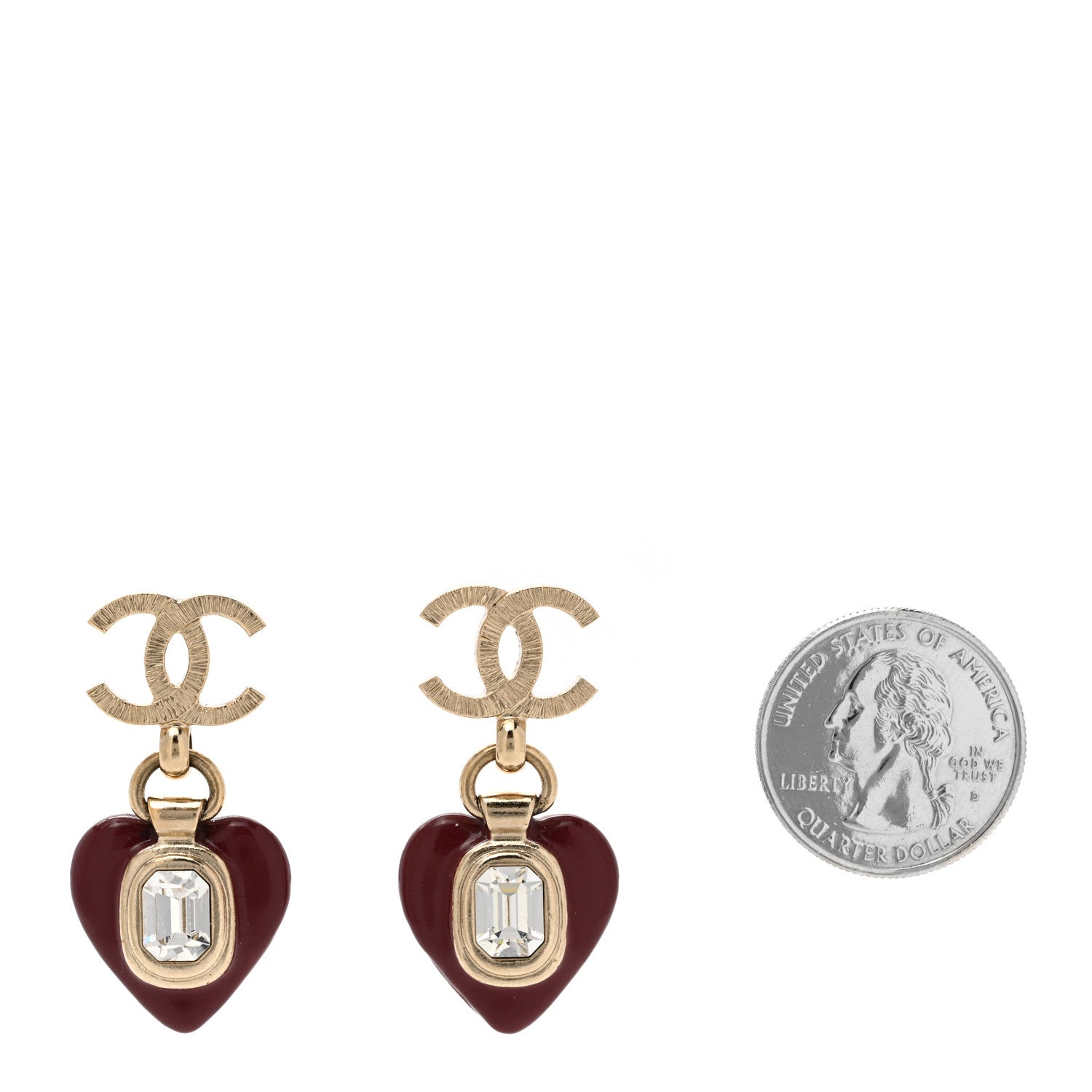 Chanel Resin Crystal CC Heart Drop Earrings Red Gold 2 of 4