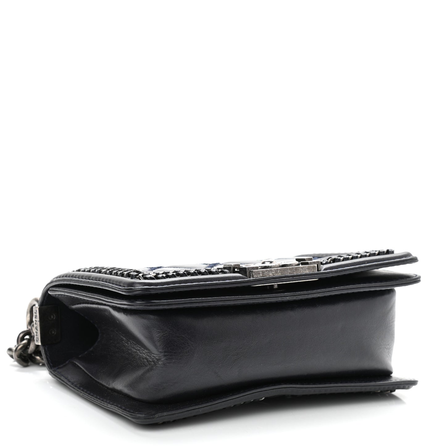 Shiny Goatskin Quilted Small Boy Top Handle Flap Navy Blue