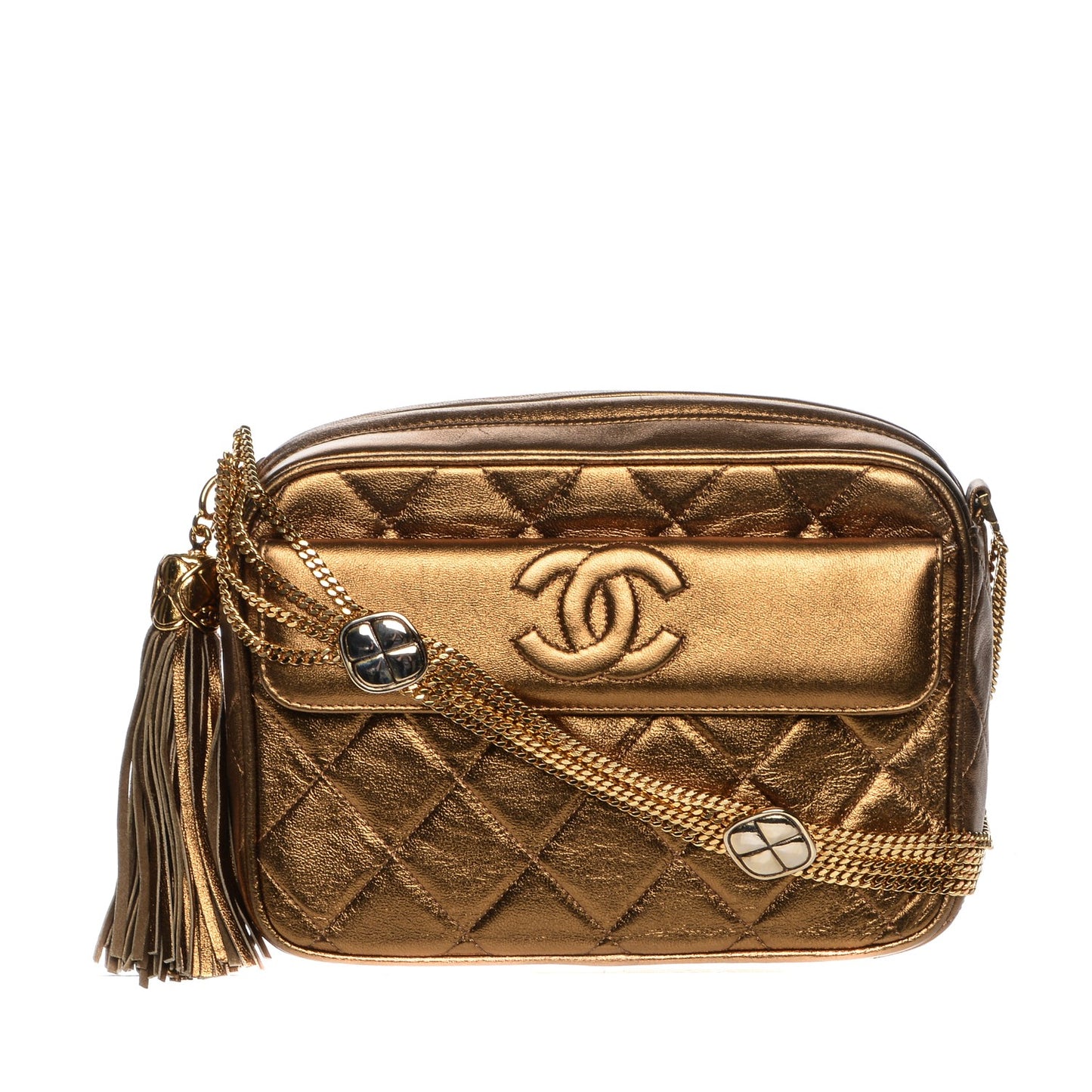 Metallic Lambskin Quilted Tassel Camera Case Bronze