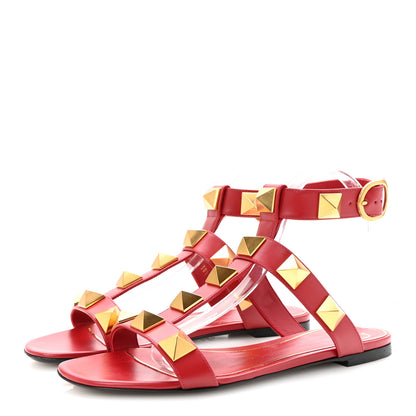 Valentino Garavani Calfskin Roman Stud Ankle Strap Flat Sandals 38.5 Rosso Valentino 4 of 9