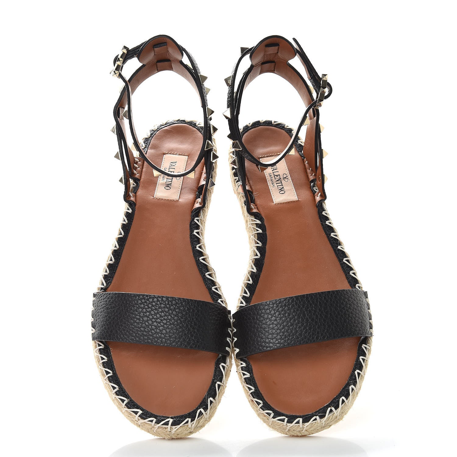 Valentino Garavani Grained Calfskin Rockstud Ankle Strap Espadrille Flat Sandals 40 Black 5 of 10