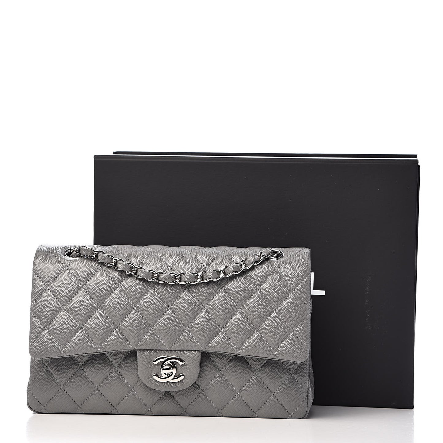 Caviar Quilted Medium Double Flap Grey