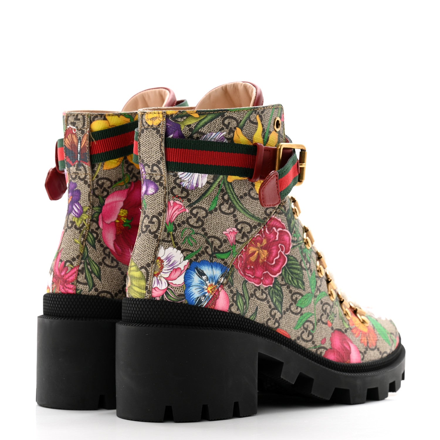 Gucci GG Supreme Monogram Flora Lace Up Combat Ankle Boots 37.5 Beige Multicolor Red 4 of 10