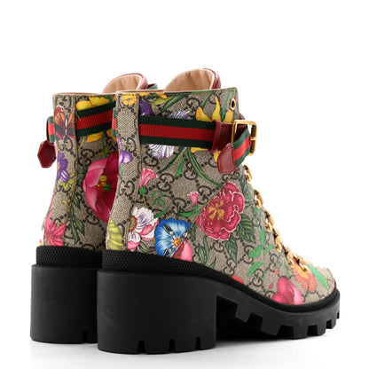 Gucci GG Supreme Monogram Flora Lace Up Combat Ankle Boots 37.5 Beige Multicolor Red 4 of 10