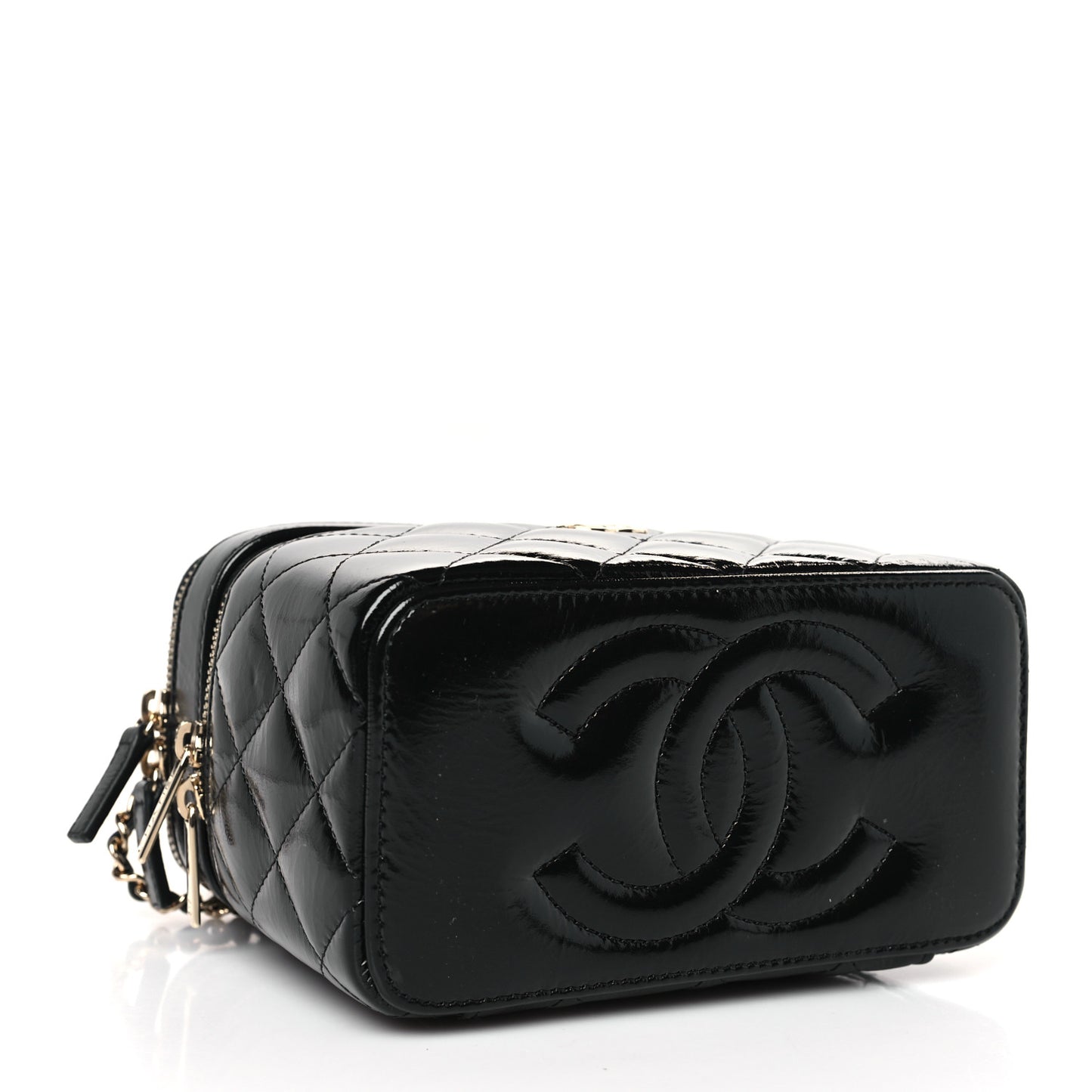 Shiny Lambskin Quilted Top Handle Vanity Case With Chain Black
