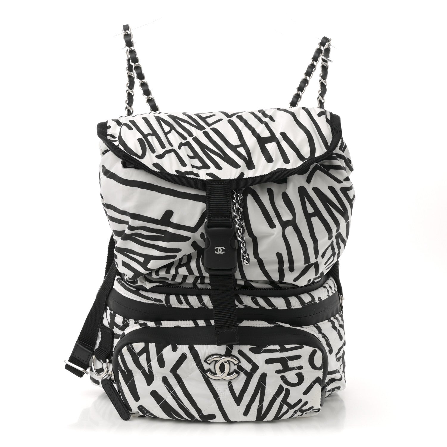 Chanel Nylon Printed Quilted Coco Neige Convertible Backpack Black White 1 of 25