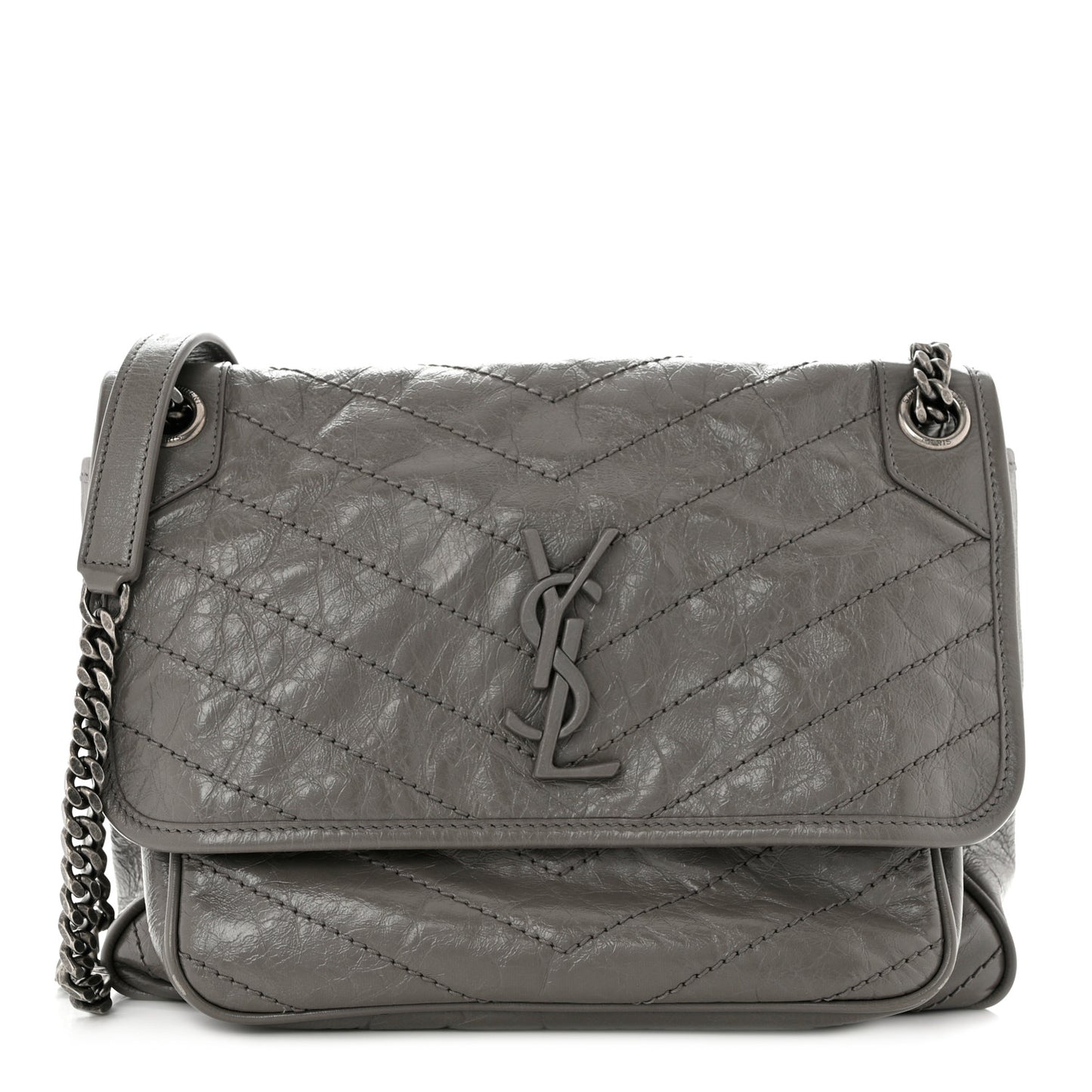 Crinkled Calfskin Matelasse Monogram Medium Niki Chain Satchel Fog