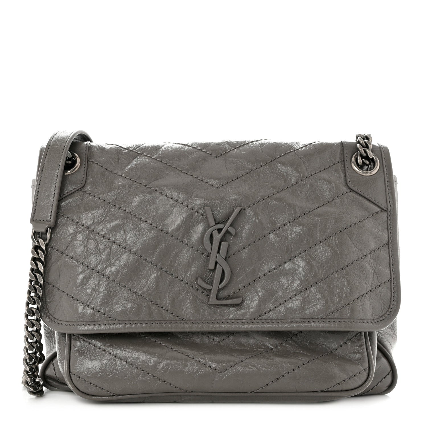 Saint Laurent Crinkled Calfskin Matelasse Monogram Medium Niki Chain Satchel Fog 1 of 11
