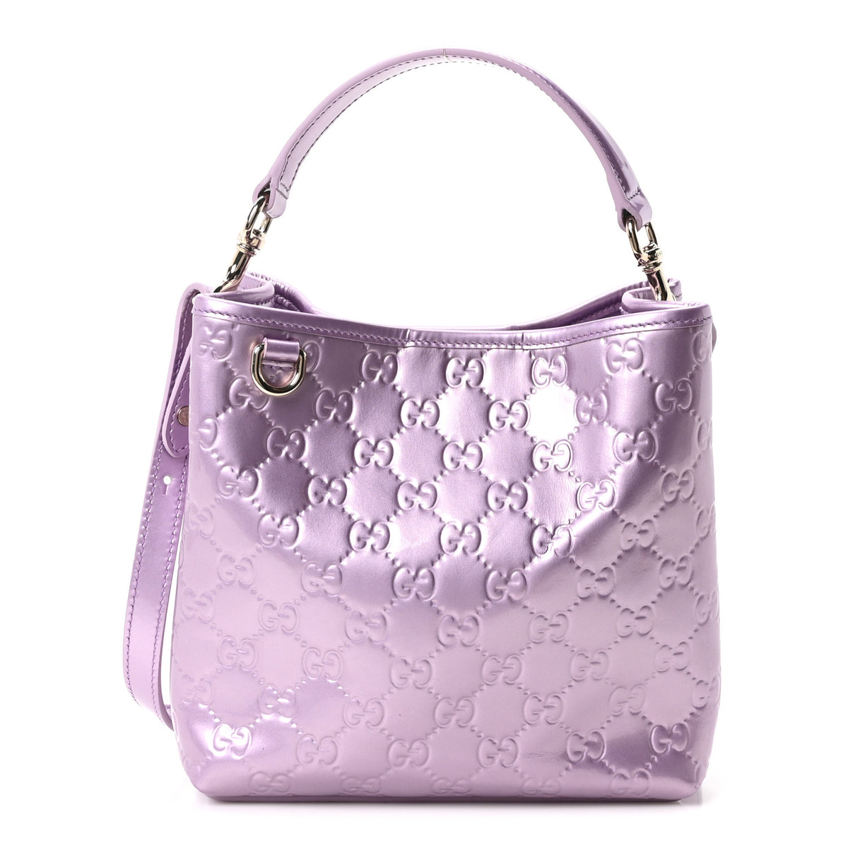 Patent GG Guccissima Emblem Small Bucket Bag Purple