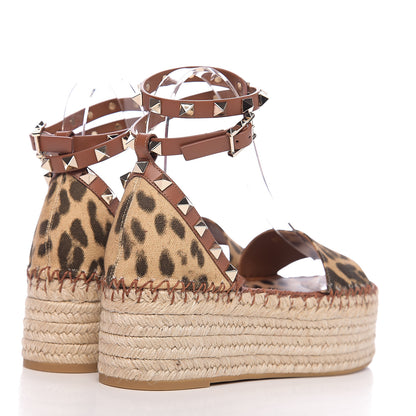 Valentino Garavani Canvas Leopard Print Rockstud Ankle Wrap Espadrille Flatform Sandals 35 Brown 4 of 9