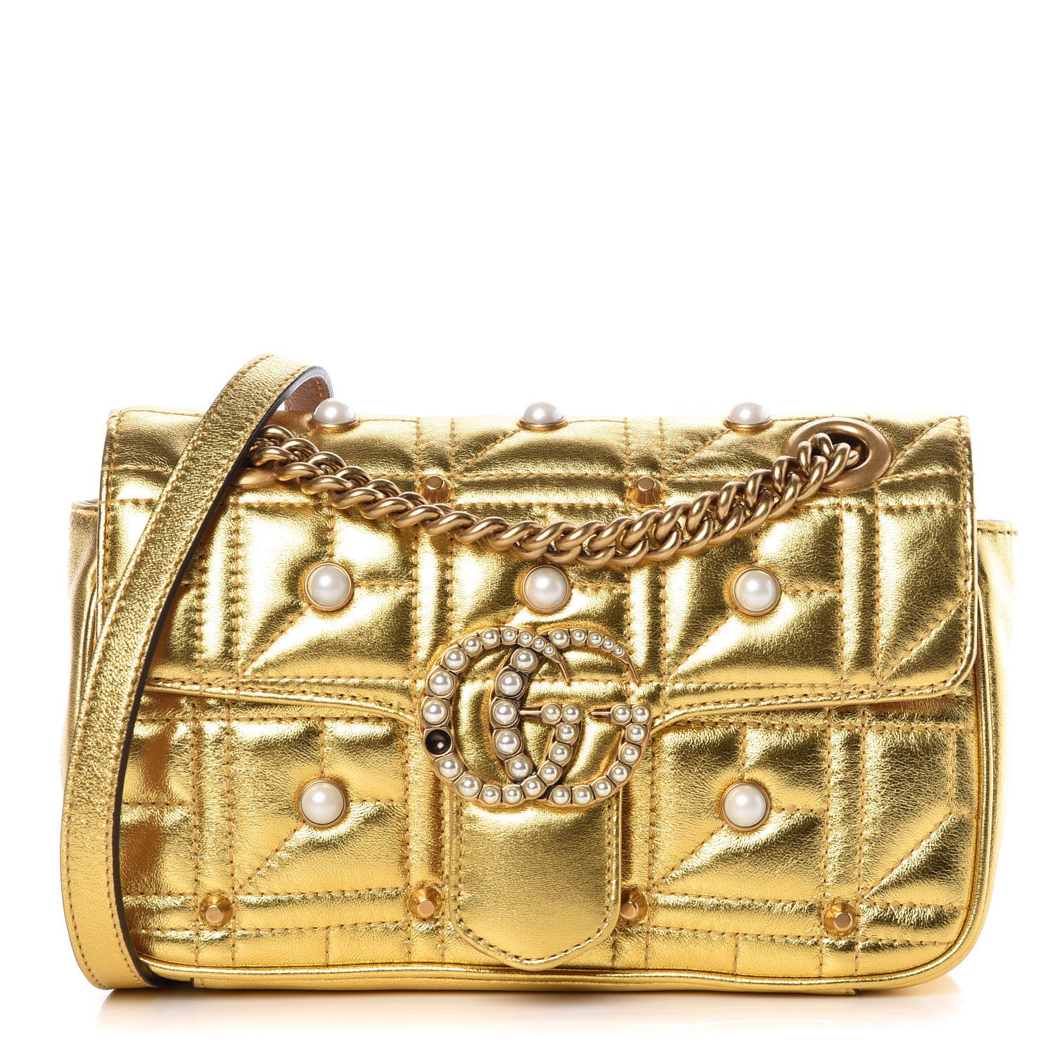 Gucci Metallic Calfskin Matelasse Studded Mini Pearly GG Marmont Shoulder Bag Gold 1 of 8