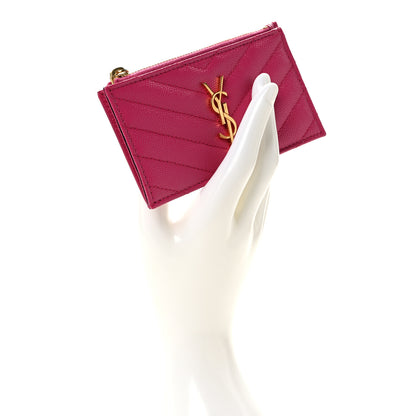 Saint Laurent Grain De Poudre Matelasse Chevron Monogram Fragments Zippered Card Case Fresh Fuxia 2 of 10