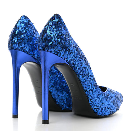 Saint Laurent Sequin Paris 105 V Cut Pumps 37 Blue Roy 4 of 8