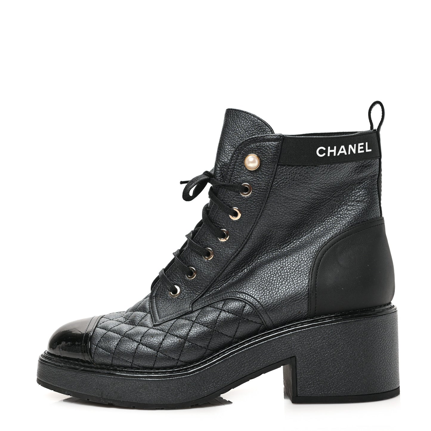Pearly Calfskin Patent Calfskin Lace Up Combat Boots 40 Black