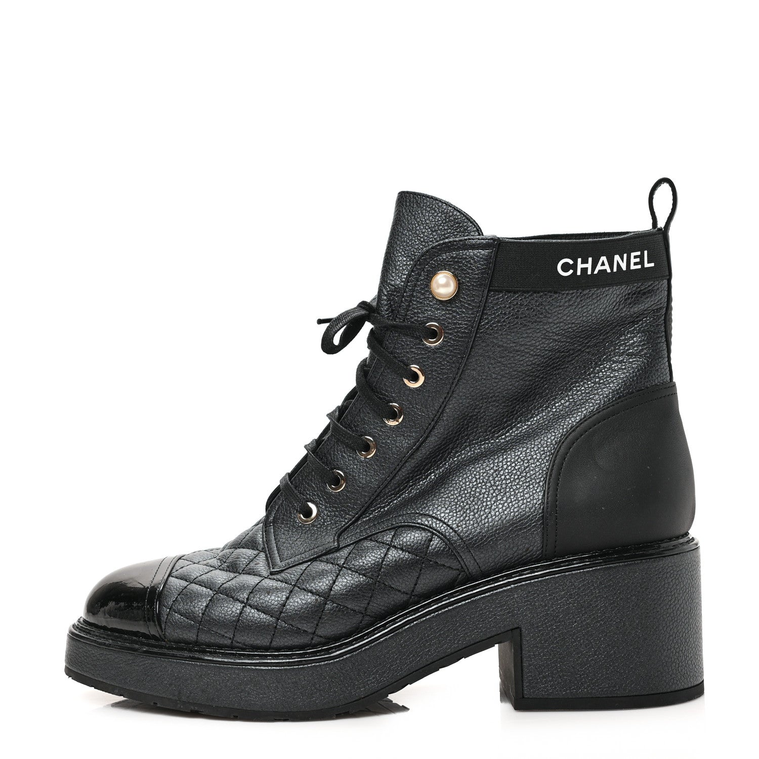 Chanel Pearly Calfskin Patent Calfskin Lace Up Combat Boots 40 Black 1 of 7