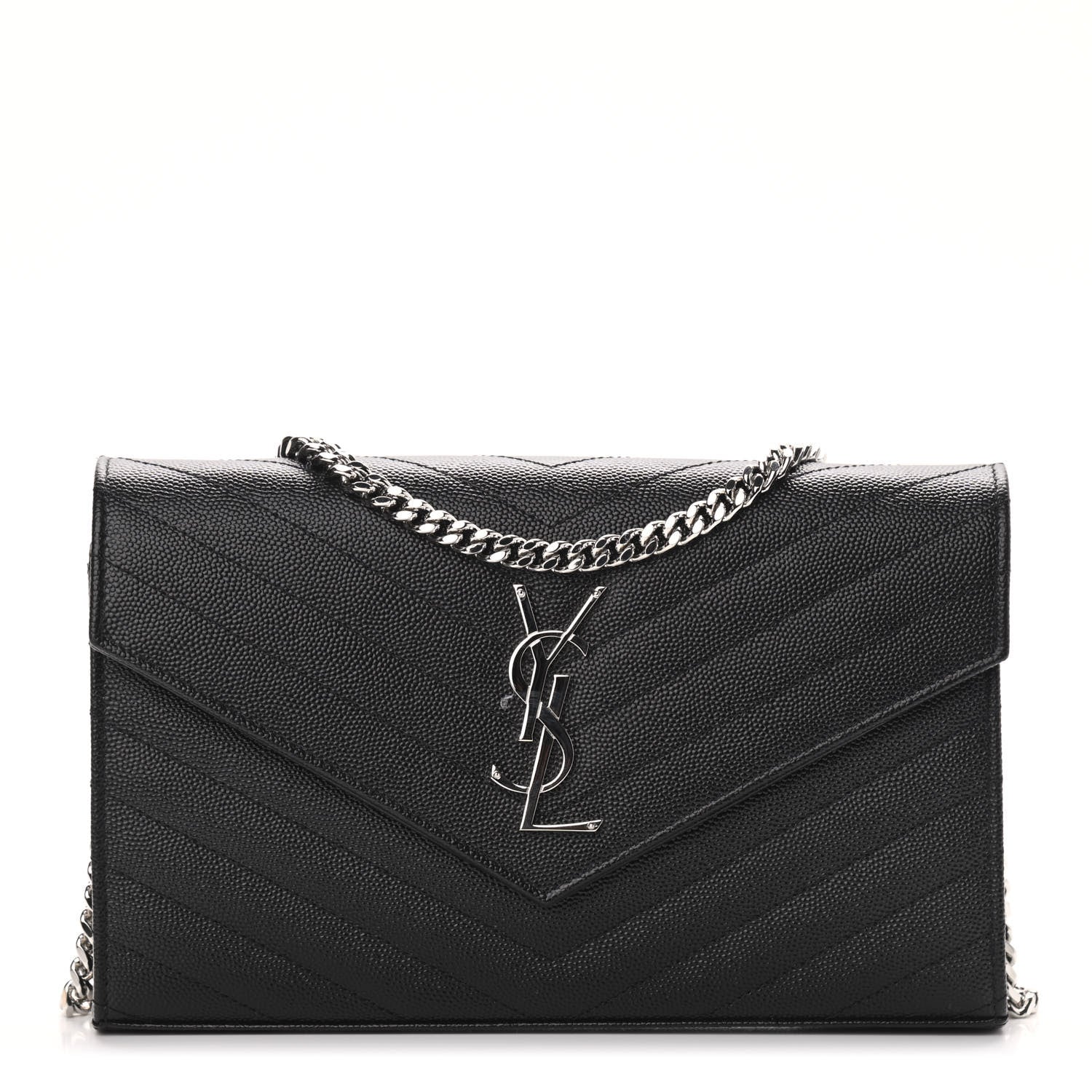 Saint Laurent Grain De Poudre Matelasse Chevron Monogram Chain Wallet Black 1 of 9