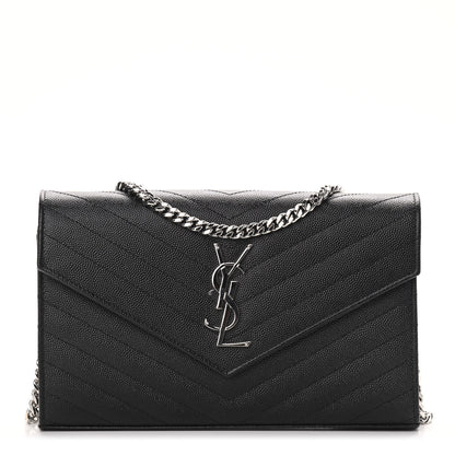 Saint Laurent Grain De Poudre Matelasse Chevron Monogram Chain Wallet Black 1 of 9