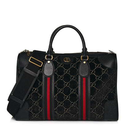 Gucci Velvet GG Monogram Textured Calfskin Web Medium Duffle Bag Blue Beige Black 1 of 14