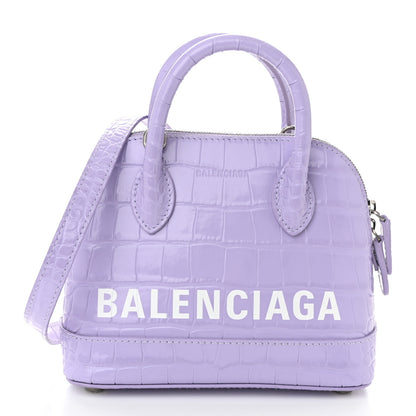 Balenciaga Shiny Calfskin Logo Crocodile Embossed XXS Ville Top Handle Bag Lilac White 1 of 9