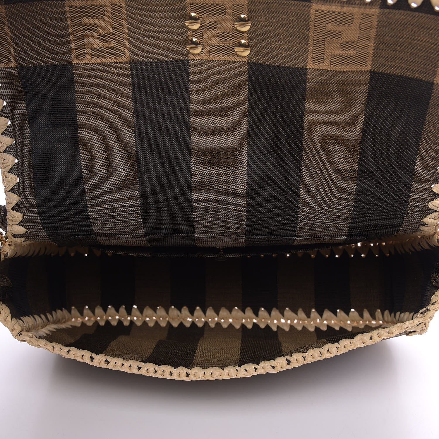 Fendi Fabric Jacquard Raffia Straw Pequin Gingham Woven Baguette Beige Black Natural 7 of 9