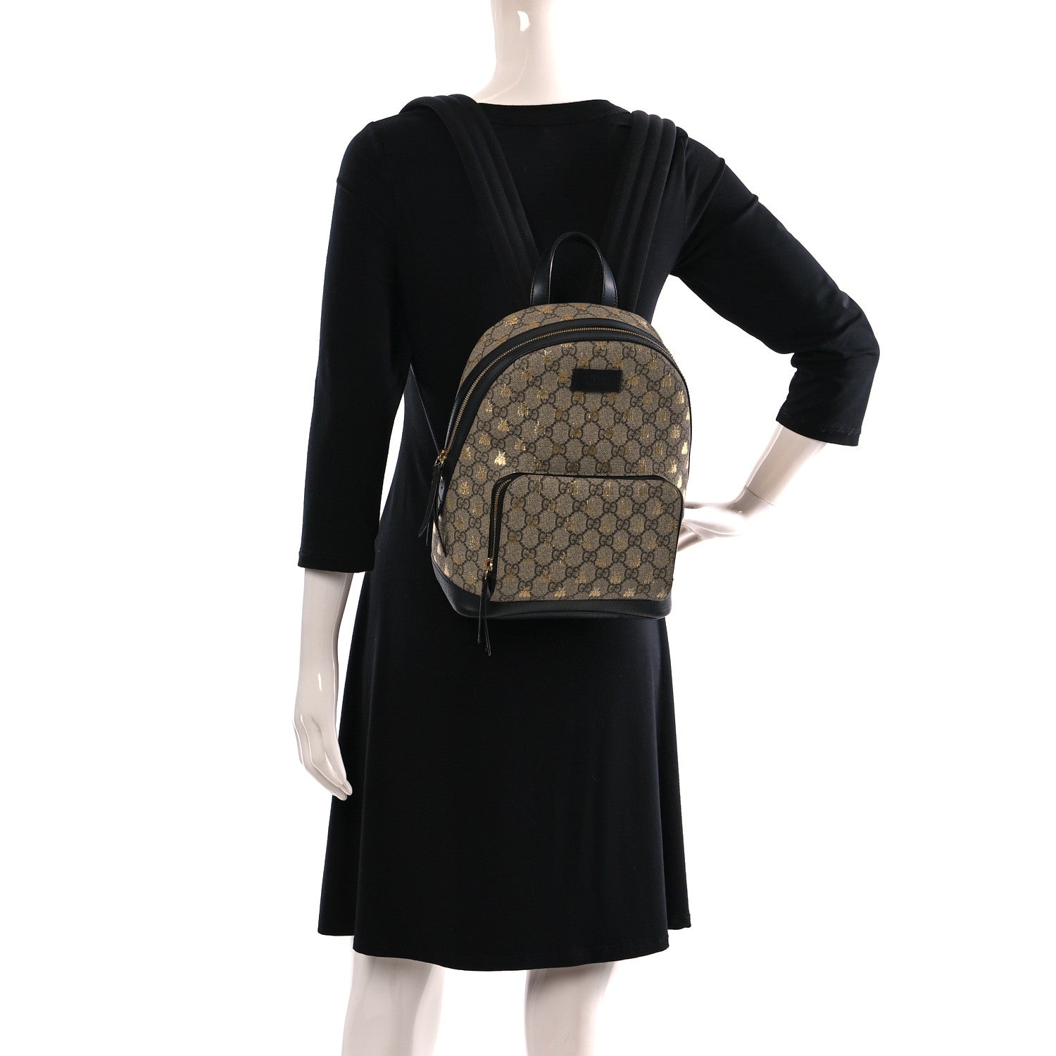 Gucci GG Supreme Monogram Bees Print Small Day Backpack Beige Oro Black 2 of 11