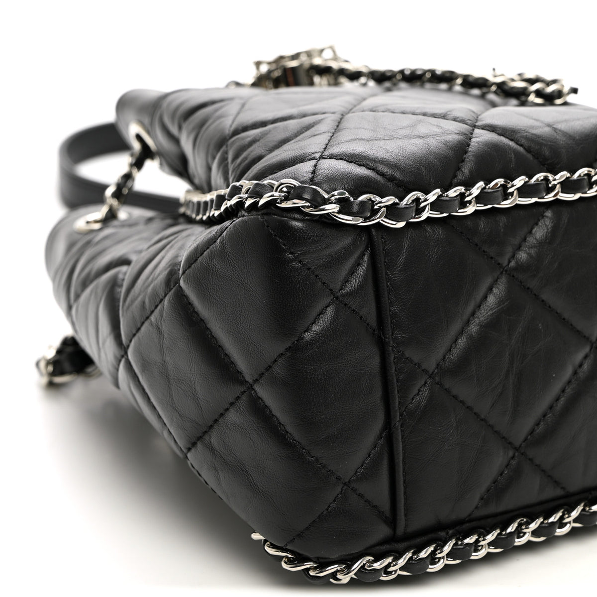 Crumpled Calfskin Quilted Chain All Over Drawstring Bucket Bag Black