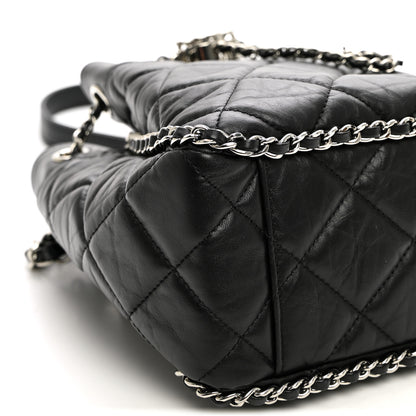 Chanel Crumpled Calfskin Quilted Chain All Over Drawstring Bucket Bag Black 9 of 10